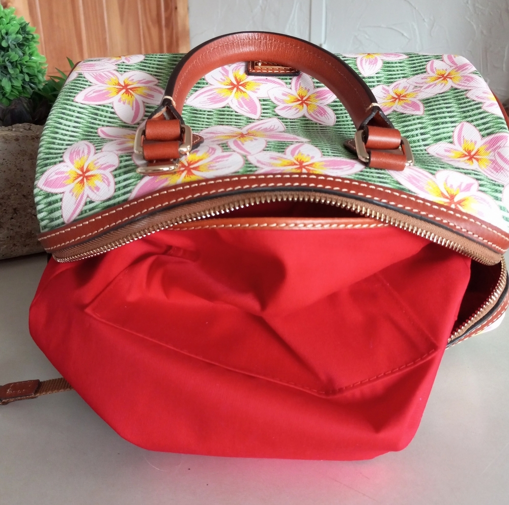 Dooney & Bourke Coated Cotton Plumeria Barrel Satchel, Pink/Green - Picture 13 of 16